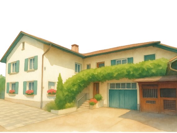 Aquarell vom Wohnhaus der Familie Ammann mit grünen Fensterläden, Blumenkästen, berankter Pergola, Garage und Holzstall